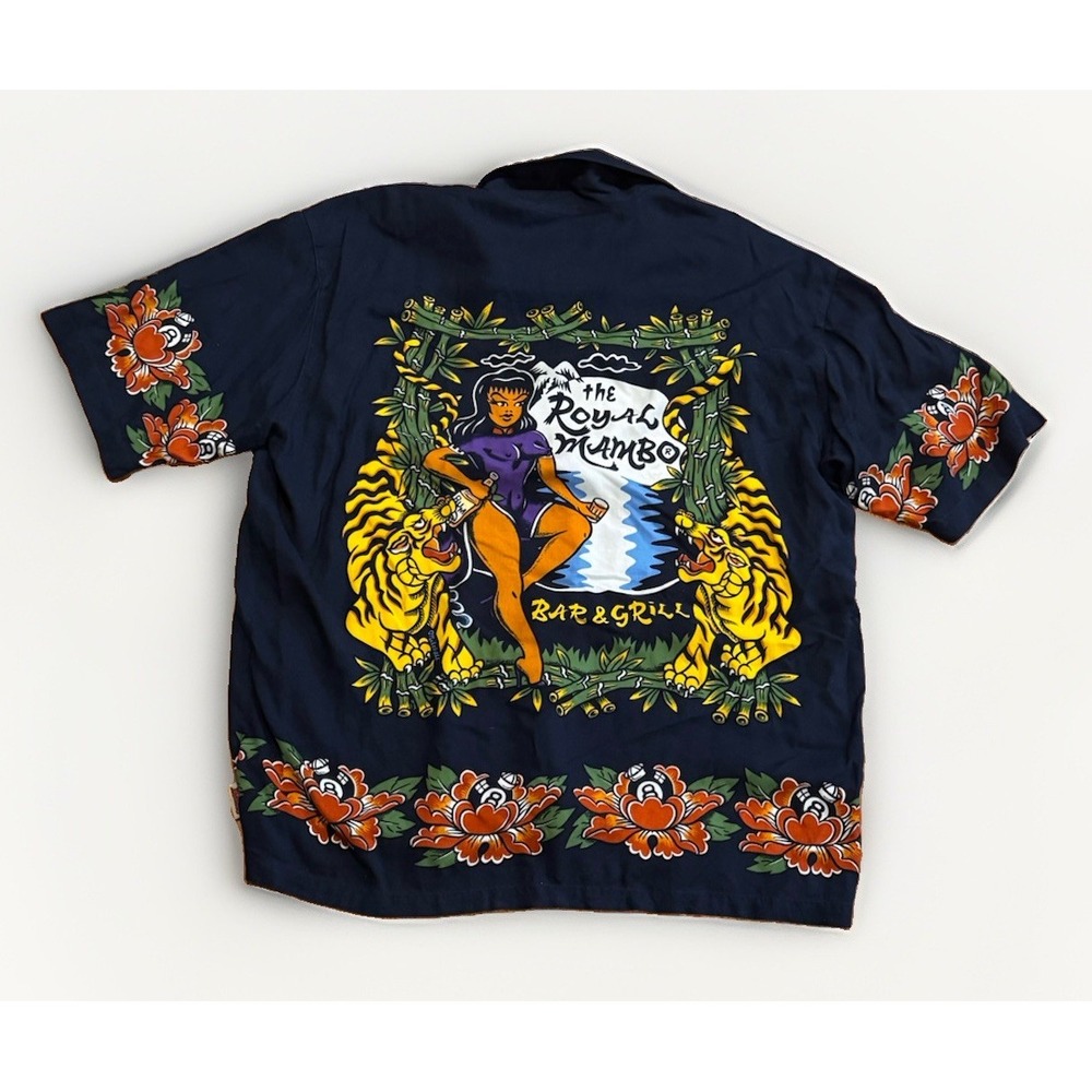 Vintage Mambo Loud Camp Shirt L/XL Hawaiian 90s Hookups Lost Pin Up Girl Surf